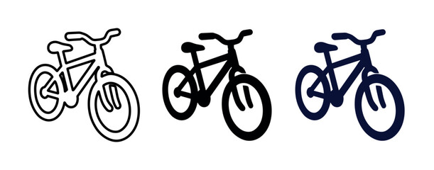 Obraz premium Three simple bicycle icons are presented in different styles, including outline, solid black, and solid blue, on a clean white background
