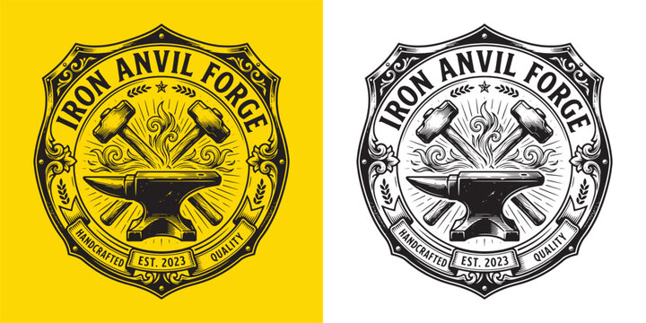 Iron Anvil Forge Handcrafted Quality Shield Emblem Vector