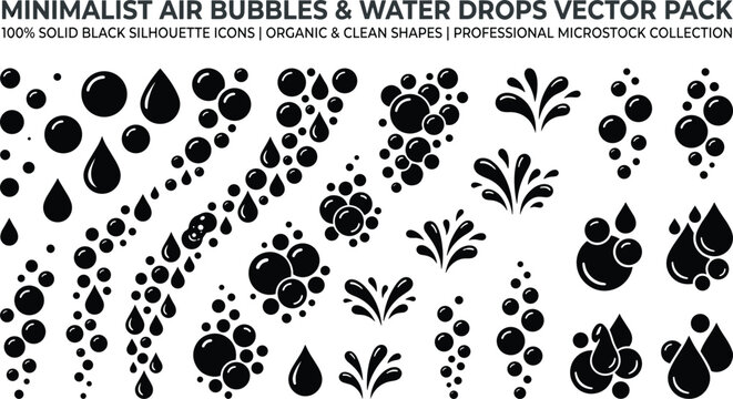 Minimalist air bubbles and water drops vector pack featuring 100% solid black silhouette icons, organic and clean shapes, and a professional microstock collection