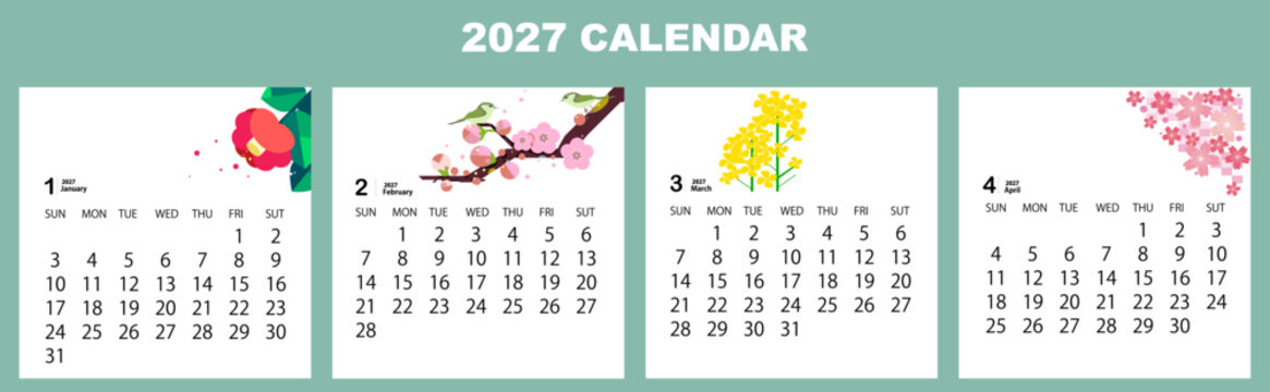 2027 calendar template set, January to April with Japanese seasonal flowers, vector illustration