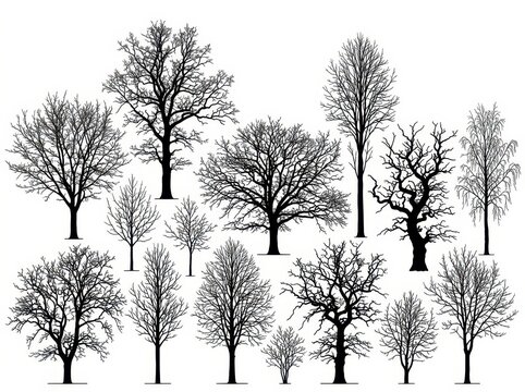 Bare tree silhouettes set, winter tree branches vectors