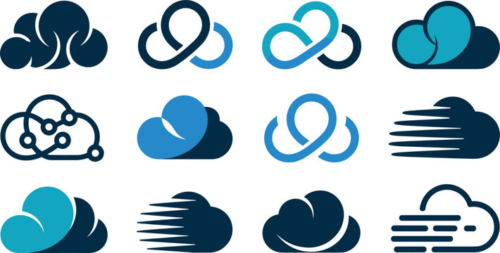 Art & IllustrationCloud Computing Network and Fast Data Server Storage Vector Logo Icon Set with Infinity Loops, Technology Nodes, and Speed Motion Symbols for Corporate Designs