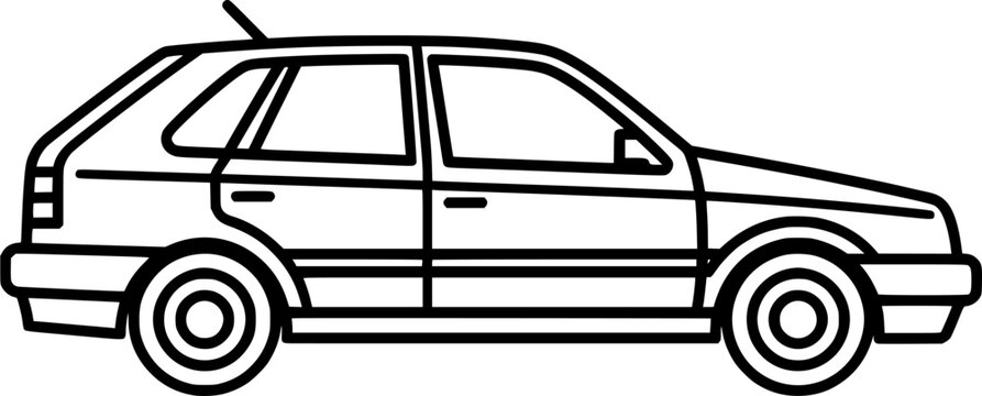 A minimalist black outline icon of a classic hatchback car in side view, with uniform lines on a pure white background, showcasing its sleek design and compact form