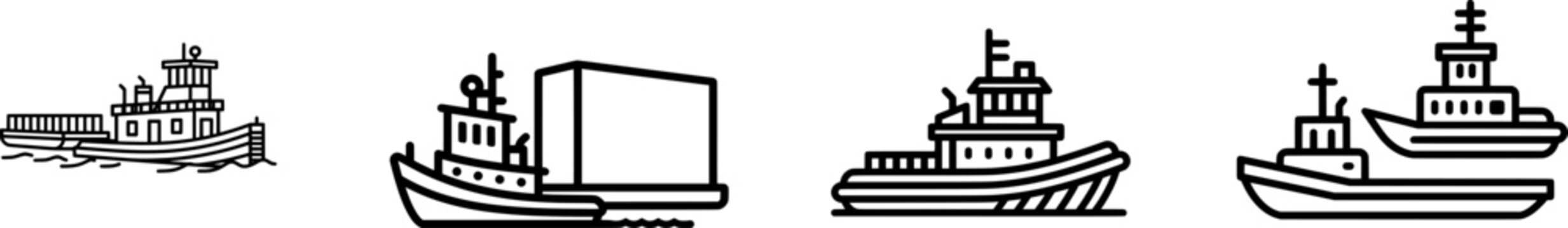 A classic harbor tugboat pushes a generic barge in a minimalist flat vector style against a pure white background