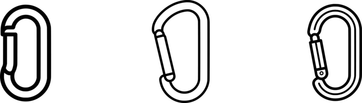 A minimalist black outline carabiner icon is displayed against a stark white background, emphasizing its simplicity and functionality in an outdoor setting