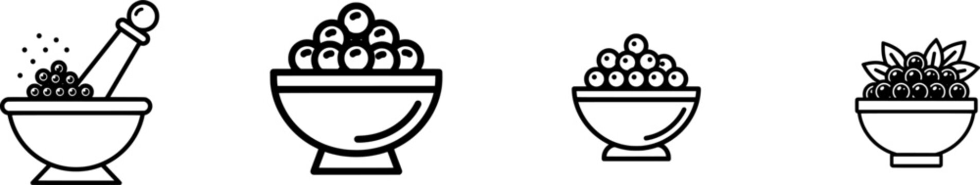 A minimalist black outline illustration of a mortar filled with black peppercorns, being crushed by a pestle against a pure white background