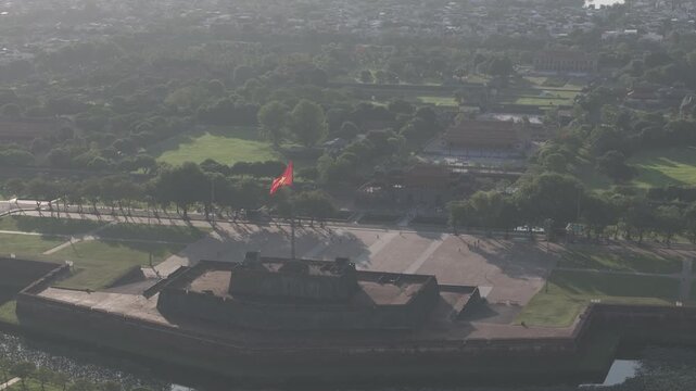 Aerial drone view of Hue Imperial Citadel featuring Ngo Mon Gate, Thai Hoa Palace and Kien Trung Palace, showcasing Vietnam's UNESCO royal heritage, ancient architecture and cultural landmark.