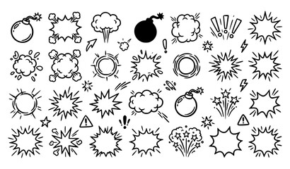 Creative Hand Drawn Comic Boom Explosion Splash Effect Doodle Vector Illustration Set © Lipon