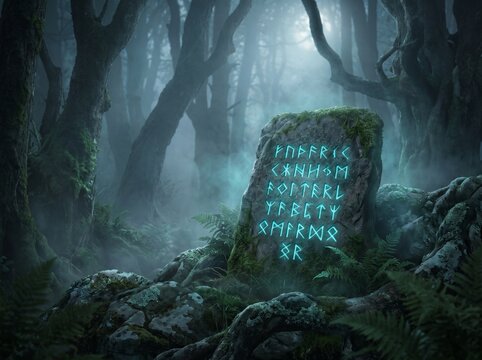 Glowing Mystical Runestone Tablet in Foggy Enchanted Forest
