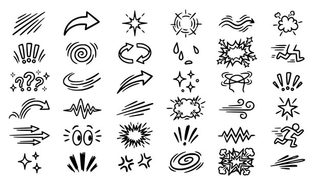 Hand Drawn Cartoon Motion Effect Doodle Vector Set with Movement Lines Arrow Sparkle and Emotion Icons