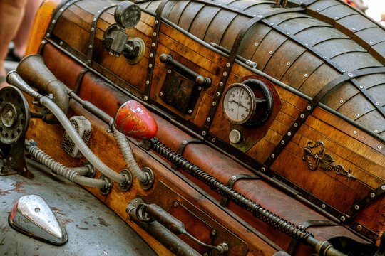 a custom steampunk-themed vehicle sculpture, detailed with numerous metallic steampunk-style gears and components