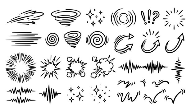 Creative Hand Drawn Cartoon Emotion Motion Effect Doodle Vector Elements with Sparkle and Action Lines