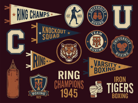 Vintage Collegiate Boxing Sports Graphic Bundle &mdash; Varsity Ring Champions Iron Tigers University Boxing Tiger Mascot Gloves Punching Bag Badges Pennants Design Set