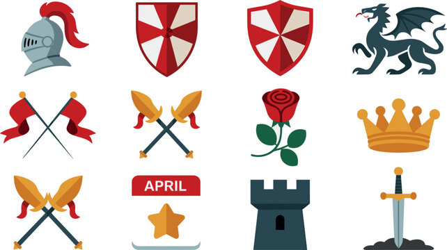 Art & IllustrationMedieval Knights Templar Heraldic Vector Icon Set with Crusader Shields, Dragon, Knight Helmet, Swords, Castle Tower, Crown, and Saint George Day England Elements