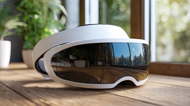 Modern White Virtual Reality Headset on Wooden Table in Bright Home Interior
