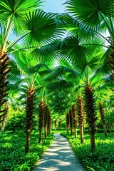 Fototapeta premium Sunny pathway leads through rich green tropical park. Tall palm trees with large fronds create a shaded canopy overhead. Verdant foliage lines the stone walkway.