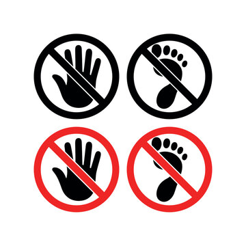 Do not touch and no bare feet warning sign set, prohibition caution symbol vector illustration