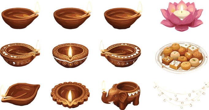 Traditional Diwali Diya Oil Lamp Set with Indian Sweets, Lotus Candle, and Elephant Figurine Vectors for Deepavali Festival Greeting Card Designs