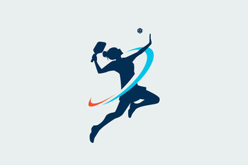 Obraz premium pickleball logo with a silhouette of female pickleball player
