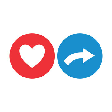 Social media like and share icon set, heart and arrow forward button vector illustration