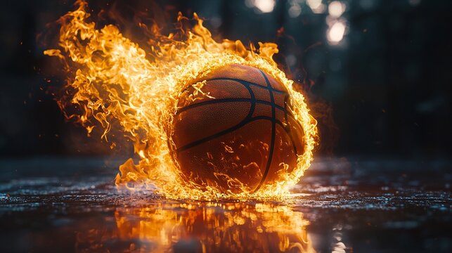 Flaming basketball on wet court, night game background, sports action