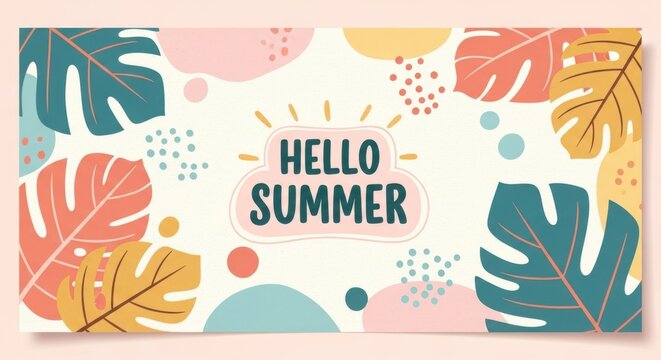 Hello summer tropical background with monstera leaves and abstract shapes
