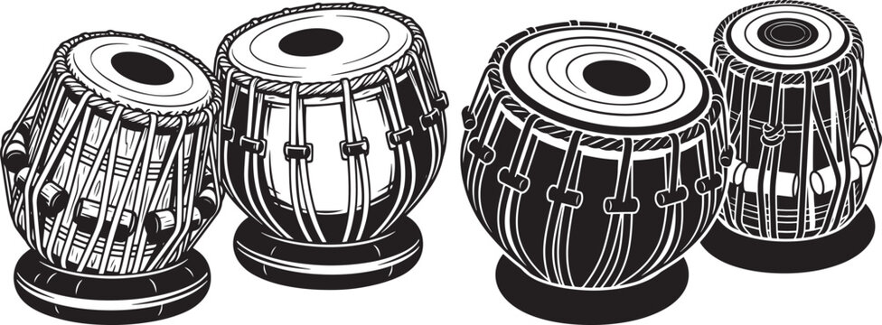 Traditional indian musical instrument set of tabla drums silhouettes isolated on white background in simple flat cartoon style
