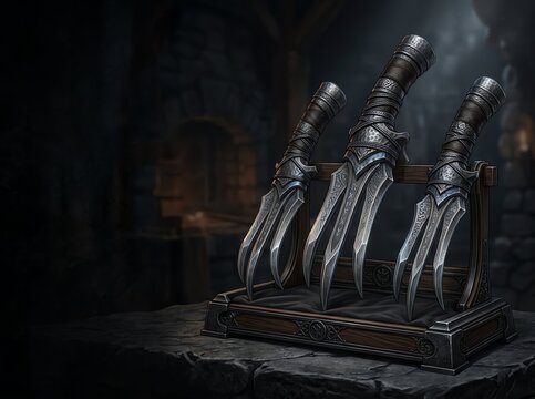 Three ornate fantasy daggers with sharp metallic blades and intricate leather wrapped handles resting neatly on a wooden display stand