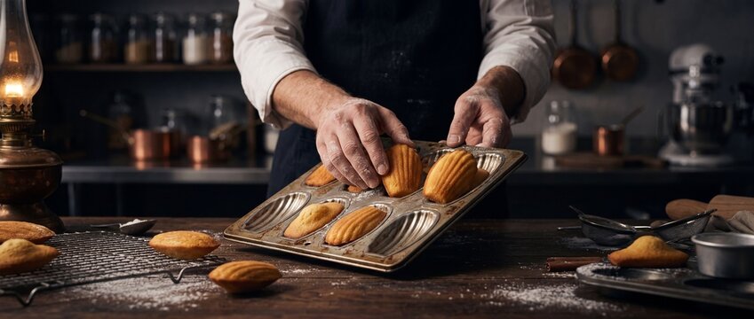 Baker removing golden madeleines from mold, close-up of hands with pastry ingredients and fresh baked goods on wooden table