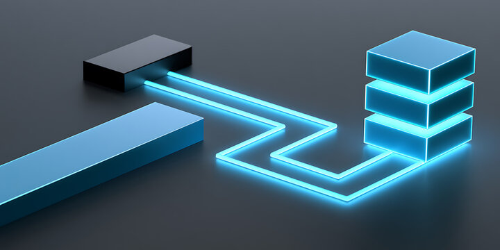 Abstract 3d illustration of a data center server tower connected to a digital processing unit with glowing blue light lines on a dark background