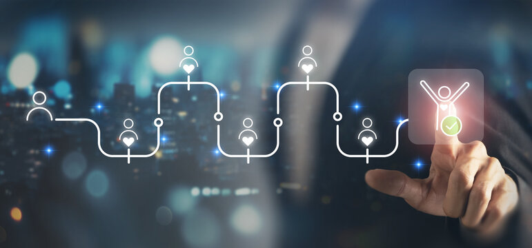 Employee Journey, Motivation and Brand Loyalty. Selecting a highly engaged employee at the end of a customer journey, representing motivation, loyalty, engagement, retention, and workforce success.