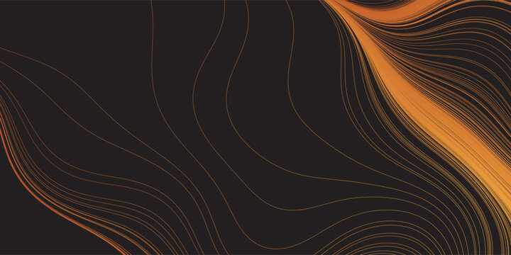 Abstract digital background featuring flowing golden and orange wavy lines sweeping across a dark background. Dense bundles of curved stripes converge and diverge in a dynamic, fluid motion pattern