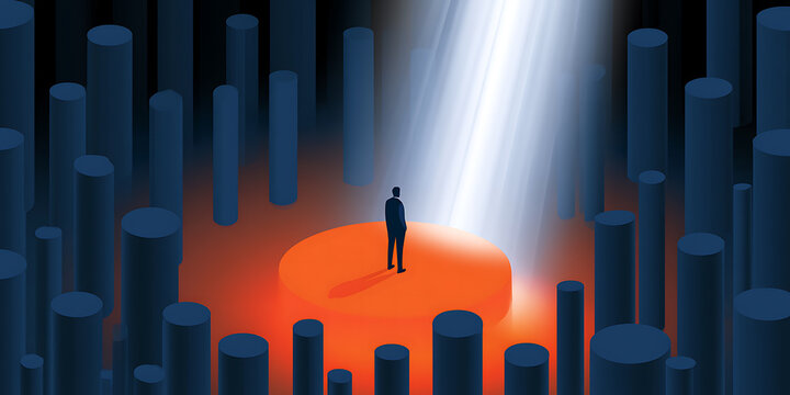A businessman standing on a glowing orange circular platform in the center of a dark environment surrounded by tall blue cylindrical pillars