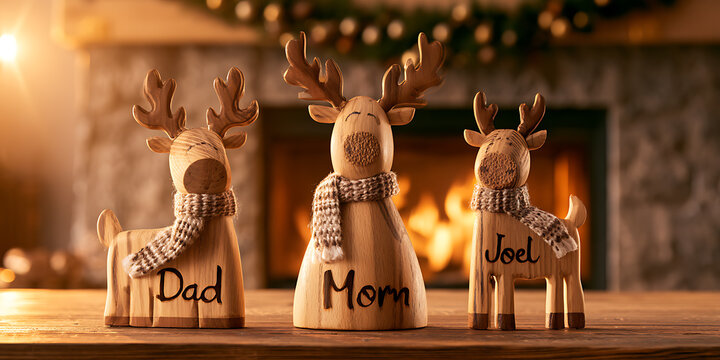 Wooden reindeer family figurines with scarves and names dad, mom, and joel engraved, displayed on a wooden table in front of a cozy fireplace
