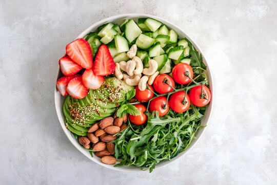 Colorful healthy salad bowl made with fresh vegetables, fruits and nuts served on a clean light background. Perfect for healthy eating and nutrition themes.