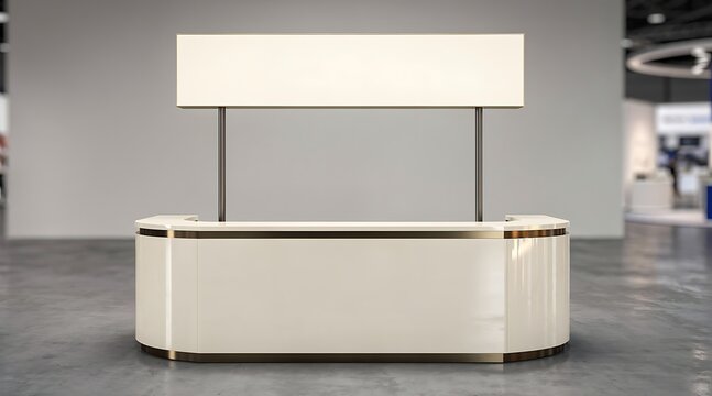 Empty white promotional counter with blank sign in a modern exhibition hall.