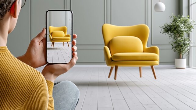 Person using an augmented reality AR app on a smartphone to visualize a 3D model of a yellow chair in a living room.