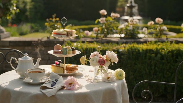 Luxury high tea table setting with pastries &ndash; Suitable for gourmet food blogs, outdoor dining, or event planning.