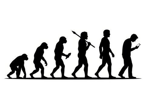 Evolution of man from ape to human holding a smartphone