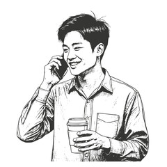 Man with slight smile is talking on the phone, in his other hand he holds a paper cup of coffee with a lid, a sketch. Vector illustration. Topic is negotiation break, business meeting, morning call.