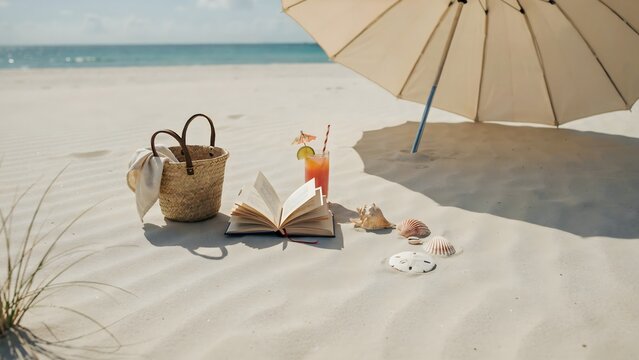 Beach reading setup under umbrella on sand &ndash; Ideal for summer vacation ads, travel blogs, or book promotion.
