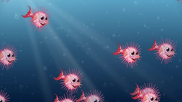 Animated Cartoon Puffer Fish Swimming in Deep Blue Underwater Current