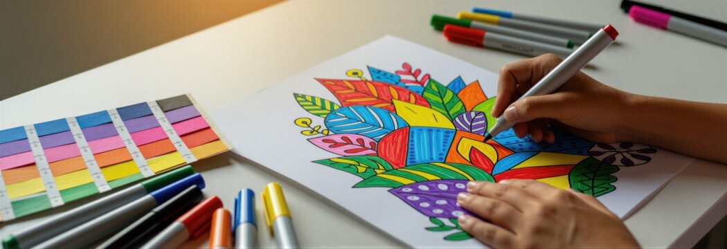 Artist draws colorful floral pattern using felt tip markers on paper sheet at desk. Creative person creates bright botanical illustration with graphic design tools in workspace. Hand holds pen near