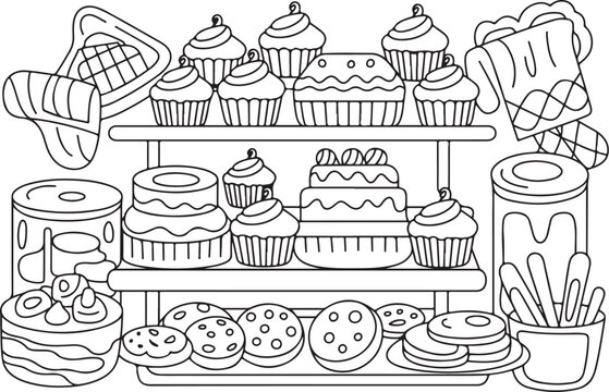 Bakery display shelf with cakes cupcakes donuts and pastries outline coloring page vector illustration