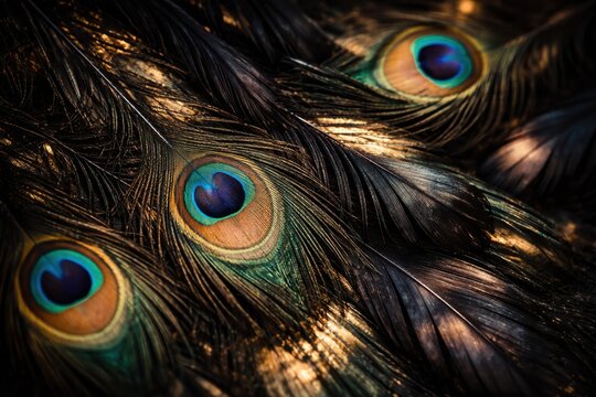 Elegant peacock feathers with shimmering colorful eye patterns creating luxurious natural background texture
