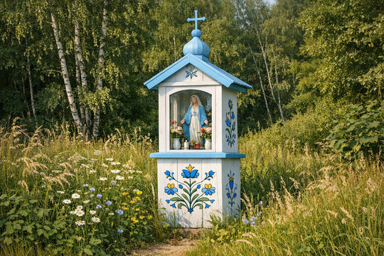 Kashubian chapel in the forest. Wayside Shrine with Virgin Mary Statue in Forest. Poland, Kaszuby.