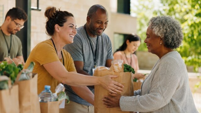 Volunteers distributing grocery donation bags to grateful community members during local food assistance event