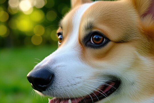 Close up portrait of a welsh corgi dog face. Eyes look forward with friendly expression. White fur, brown head, wet black nose. Sunny day outdoor. Happy pet.