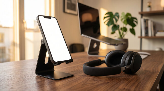 Smartphone on stand with wireless earbuds and monitor