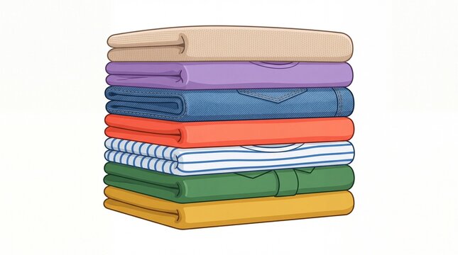 Stack of colorful folded t-shirts and sweaters arranged in a neat pile on white background